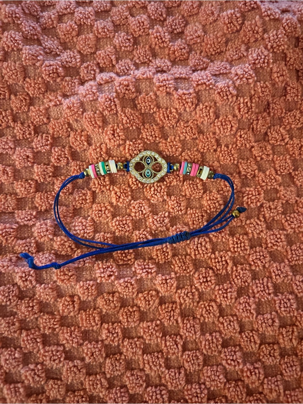 Adjustable Blue Cord Bracelet with Multicolor Beads